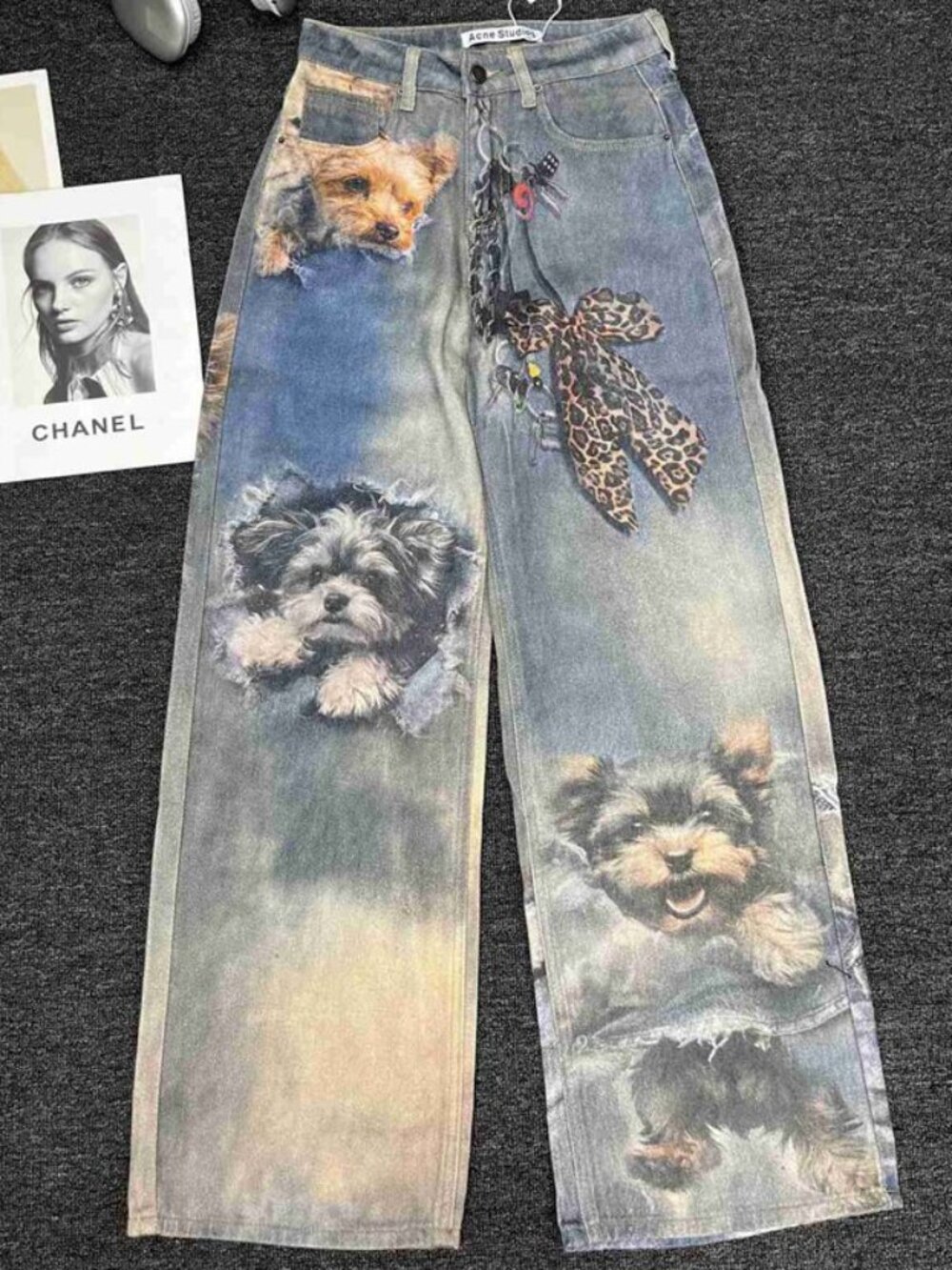 ✨Acne Studios Yorkie Dog Print Wide Leg Denim Jeans
